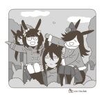  3girls animal_ears beanie character_doll closed_eyes closed_mouth commentary_request doll full_body glasses greyscale hair_over_one_eye hat horse_ears horse_girl jacket lifting_person long_hair monochrome multiple_girls onikobe_rin open_mouth rice_shower_(umamusume) short_hair smile symboli_kris_s_(umamusume) umamusume winter_clothes zenno_rob_roy_(umamusume) 