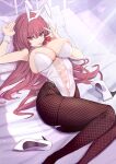 1girl absurdres animal_ears armpits ass bed_frame bed_sheet black_leotard black_pantyhose black_ribbon breasts cleavage detached_collar eyebrows_hidden_by_hair eyes_visible_through_hair fake_animal_ears fate/grand_order fate_(series) fishnet_pantyhose fishnets food fruit hair_between_eyes hairband high_heels highleg highleg_leotard highres holding holding_food holding_fruit large_breasts leotard long_hair lying navel notonaon on_back on_bed open_mouth pantyhose pillow playboy_bunny purple_hair rabbit_ears red_eyes ribbon scathach_(fate) smile solo strapless strapless_leotard strawberry sunlight thighs tongue tongue_out very_long_hair white_hairband white_leotard wrist_cuffs 