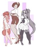  anthro bear big_breasts blush breasts canine clothed clothing female group huge_breasts mammal overweight panda redpixie shy simple_background smile standing 