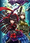  2girls axe battle_axe black_hair breasts brown_hair bullpup fang garter_belt gate_-_jieitai_ka_no_chi_nite_kaku_tatakaeri gloves gothic_lolita grin gun helmet hime_cut holding holding_axe holding_gun holding_weapon huge_weapon japan_ground_self-defense_force japan_self-defense_force kuribayashi_shino large_breasts lolita_fashion long_hair long_sleeves looking_at_viewer medium_breasts military military_combat_uniform military_uniform multiple_girls official_art open_mouth p90 red_eyes rory_mercury sao_satoru short_hair small_breasts smile submachine_gun suspenders thighhighs weapon 