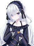  1girl absurdres bare_shoulders black_bow black_dress black_hairband blunt_bangs blush bow closed_mouth collarbone commentary_request crescent crescent_necklace dress eyes_visible_through_hair frilled_hairband frills gold_necklace hair_over_one_eye hairband highres holding holding_sketchbook iris37337 jewelry lace-trimmed_dress lace_trim lolita_hairband long_hair looking_at_viewer magical_girl mahou_shoujo_no_majo_saiban natsume_anan necklace off-shoulder_dress off_shoulder one_side_up polka_dot polka_dot_bow purple_eyes sketchbook sleeve_bow sleeves_past_fingers sleeves_past_wrists solo upper_body very_long_hair very_long_sleeves white_background white_bow white_hair 