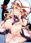  1girl blonde_hair blush bow breasts bright_pupils bukkake collarbone comiket_106 commentary_request cum cum_on_body cum_on_breasts cum_on_clothes cum_on_hair cum_on_legs dress drooling facial gap_(touhou) grabbing_own_breast gradient_background groping hair_between_eyes hair_bow hat hat_ribbon highres holding_own_breasts huge_breasts large_breasts licking_lips long_hair looking_at_viewer mob_cap mouth_drool ouma_tokiichi patterned_background purple_eyes purple_tabard pussy_juice ribbon saliva sample_watermark sidelocks sitting smile solo tabard thighhighs thighs tongue tongue_out touhou wariza watermark wet white_thighhighs wide_hips yakumo_yukari 