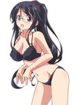  bangs black_bra black_hair black_panties bow bow_bra bow_panties bra breasts character_request cleavage commentary_request cowboy_shot glasses kikuchi_tsutomu lace lace-trimmed_bra lace-trimmed_panties leaning_forward long_hair looking_at_viewer medium_breasts open_mouth panties round_eyewear saito-kun_wa_esper_rashii simple_background smile solo standing underwear underwear_only white_background 