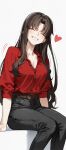  1girl absurdres alternate_hairstyle belt black_hair black_pants blush breasts brown_belt cleavage closed_eyes collarbone collared_shirt commentary dress_shirt fate/stay_night fate_(series) grin hair_down heart highres kamisato_sora large_breasts long_hair motion_lines pants parted_bangs red_shirt shirt shirt_tucked_in simple_background sitting smile solo tohsaka_rin white_background 