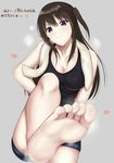  &gt;:) barefoot blue_eyes blush breasts brown_hair cleavage feet grey_background heart highres long_hair medium_breasts otono_fei seiren short_shorts shorts smile smug soles solo sweat toes towel towel_around_neck translated tsuneki_hikari v-shaped_eyebrows 