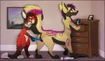  2018 anthro aseethe black_hair black_pawpads breasts canine detailed_background digital_media_(artwork) female fur green_eyes hair hybrid mammal pawpads purple_hair pussy red_fur red_hair smile taur 