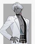  1boy black_choker black_nails blue_eyes choker closed_mouth colored_skin commentary earrings fate/grand_order fate_(series) gradient_clothes gradient_shirt green_shirt grey_background grey_skin hand_on_own_hip highres indra_(fate) indra_(fgo_fes._2025)_(fate) jacket jewelry lightning_bolt_facial_mark long_sleeves looking_at_viewer male_focus nail_polish open_clothes open_jacket pants parted_bangs pectoral_cleavage pectorals shirt short_hair simple_background single_earring smile solo two-tone_background ujiharu upper_body white_hair white_jacket white_pants white_shirt 