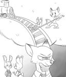 anthro blush canine dipstick_ears dipstick_tail disney eyes_closed female fox half-closed_eyes hand_on_chin jack_savage judy_hopps lagomorph male mammal monochrome multicolored_tail nick_wilde plotting rabbit rope size_difference train unknown_artist zootopia 