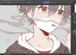  1boy art_program_in_frame brown_eyes brown_hair cigarette clip_studio_paint_(medium) collarbone commentary_request daifuku_mame_(kageroudt33) grey_background grey_hoodie hair_between_eyes highres hood hoodie looking_at_viewer male_focus original red_shirt shirt short_hair sketch smoke solo translation_request 