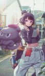  1girl belt blue_eyes brown_hair closed_mouth commentary_request cowboy_shot fate/grand_order fate_(series) game_cg hair_bun hands_up holding holding_pencil holding_sketchbook katsushika_hokusai_(fate) kuroboshi_kouhaku legs_apart long_sleeves midriff navel octopus official_alternate_costume official_art pants parted_bangs pencil photo_background short_hair single_hair_bun sketchbook solo third-party_source tokitarou_(fate) turtleneck white_pants 