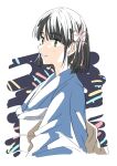  1girl aerial_fireworks bien_(djpwjd1) black_hair blue_kimono blunt_bangs blunt_ends bob_cut closed_mouth fireworks flower flower_knot hair_flower hair_ornament highres japanese_clothes kimono link!_like!_love_live! long_sleeves love_live! momose_ginko momose_ginko_(hokkoku_hanabi) obi obiage official_alternate_costume pink_flower sash short_hair sketch_background smile solo split_mouth virtual_youtuber 