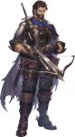  1boy absurdres armor beard belt blue_cape boots brown_belt brown_boots brown_eyes brown_hair cape crossbow facial_hair full_beard gloves hand_on_belt highres leather leather_armor leather_gloves miguel_(sword_of_convallaria) non-web_source official_art scar scar_on_arm scar_on_face short_hair solo spurs sword sword_of_convallaria sword_on_back weapon weapon_on_back 