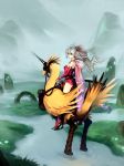  1girl bare_shoulders beak bird bow cape chocobo final_fantasy final_fantasy_vi fog from_behind green_hair hair_bow horned_headwear looking_back mountain partially_submerged riding scenery serious talons tina_branford typo_(requiemdusk) water 