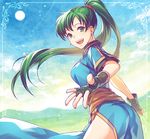  :d ass breasts dress earrings fingerless_gloves fire_emblem fire_emblem:_rekka_no_ken gloves green_eyes green_hair high_ponytail highres jewelry kori_(etinop) long_hair looking_at_viewer lyndis_(fire_emblem) medium_breasts open_mouth pelvic_curtain ponytail side_slit smile solo very_long_hair 