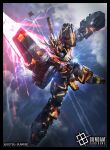  black_border border commentary_request company_name copyright_name copyright_notice energy_weapon flying full_body glowing glowing_eyes gundam gundam_unicorn highres light_particles looking_at_viewer mecha mecha_focus mobile_suit no_humans nt-d official_art raruru red_eyes robot science_fiction solo sunrise_(company) unicorn_gundam_banshee unicorn_gundam_banshee_norn v-fin 
