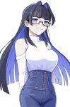  1girl absurdres arms_behind_back black_hair blue_eyes blue_hair blue_pants closed_mouth clothing_cutout colored_inner_hair denim glasses high-waist_pants highres hololive hololive_english jeans leo.comics long_hair multicolored_hair official_alternate_costume official_alternate_hairstyle ouro_kronii ouro_kronii_(casual) pants shoulder_cutout simple_background solo sweater sweater_tucked_in turtleneck turtleneck_sweater virtual_youtuber white_background white_sweater 