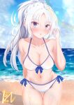  absurdres ahoge alternate_costume arm_behind_back bare_shoulders beach bikini blue_bow blue_eyes blue_sky blurry blurry_background blush bow bow_bikini breasts cleavage collarbone commentary_request cowboy_shot eyelashes eyes_visible_through_hair hair_between_eyes halterneck hand_up highres huge_ahoge large_breasts long_hair looking_at_viewer navel ocean open_mouth ponytail rainbow senren_banka sidelocks signature sky sparkle stomach sunlight swimsuit syamidare thigh_gap thighs tomotake_yoshino tsurime twitter_username very_long_hair watermark white_bikini white_hair 