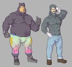  abs aged_up anthro beard breaided_beard bulge canine clothing disney dog ear_piercing facial_hair front_view full-length_portrait gloves goof_troop jeans male mammal max_goof moobs multiple_images musclegut muscular mustache nipples overweight overweight_male pants pecs piercing pj_(goof_troop) portrait sneakers solo standing thumbs_up tight_clothing wkd 