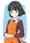  1girl absurdres apron black_hair blunt_bangs blunt_ends blush bob_cut breast_pocket brown_dress closed_mouth commentary_request dress flower flower_knot gamers_(store) green_eyes hair_flower hair_ornament hasu_no_sora_school_uniform highres kara_iroha link!_like!_love_live! long_sleeves looking_at_viewer love_live! momose_ginko orange_apron pocket sailor_collar sailor_dress school_uniform short_hair smile solo split_mouth virtual_youtuber white_flower white_sailor_collar winter_uniform 