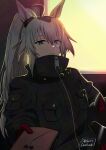  1girl ahoge animal_ears animal_ears_helmet animal_helmet bandaid bandaid_on_cheek bandaid_on_face black_jacket breast_pocket closed_mouth commentary_request ear_ornament full-length_zipper gloves grey_hair hair_between_eyes hand_on_own_hip helmet hi_(ibisf5umauma) highres holding holding_helmet horse_ears horse_girl jacket multicolored_hair official_alternate_costume oguri_cap_(umamusume) pocket ponytail red_gloves solo streaked_hair umamusume upper_body white_hair zipper 