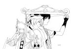  2boys anemo_symbol_(genshin_impact) arm_at_side armor blunt_ends bodysuit capelet clenched_hand closed_mouth coat dragon_boy dragon_horns dragon_wings eyelashes fang feathers fingernails gem genshin_impact greyscale hand_up hat head_on_another&#039;s_shoulder head_rest horns japanese_armor japanese_clothes jingasa juban kimono kote layered_sleeves leaning_on_person light_smile low_wings mandarin_collar mini_durin_(genshin_impact) mini_durin_(human)_(genshin_impact) monochrome multiple_boys open_clothes open_kimono pom_pom_(clothes) scaramouche_(genshin_impact) shared_hat short_sleeves skin_fang smile te1081 tsurime twitter_username vision_(genshin_impact) wanderer_(genshin_impact) white_background wings 