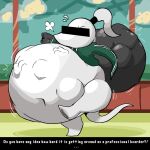 1:1 2025 abdominal_bulge ambiguous_gender ambiguous_pred anthro anthro_pred belly big_belly bodily_fluids bottomless breath censor_bar clothed clothing dialogue digital_media_(artwork) ena:_dream_bbq ena_(series) flying_sweatdrops green_clothing green_jacket green_topwear hair hi_res hoarder_alex_(ena) huge_belly jacket navel pawplants ponytail solo_focus sweat sweatdrop tail topwear trash_bag unknown_species unseen_prey vore white_body