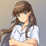  1girl artist_name bilingual_commentary braid brown_hair closed_mouth commentary crossed_arms green_eyes gundam gundam_wing highres long_hair mixed-language_commentary relena_peacecraft sasha_chii shirt sidelocks single_braid smile solo twitter_username white_shirt 