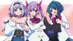  3girls :d :o aizawa_kazuha anger_vein annoyed assault_lily asymmetrical_hair badge bare_shoulders belt belt_buckle black_belt black_choker black_hairband black_shirt blue_eyes blue_hair blue_skirt bow braid breasts buckle button_badge character_charm character_print charm_(object) choker cleavage cleavage_cutout clothes_writing clothing_cutout collarbone commentary_request corset crossed_arms digamma frilled_shirt frills gradient_background grey_hair hair_between_eyes hair_bow hair_intakes hair_ornament hair_ribbon hairband half_up_braid hands_up heart heart_choker herensuge_girls_academy_school_uniform heterochromia highres holding holding_shirt holding_unworn_clothes jacket jewelry letterboxed long_hair long_sleeves looking_at_another looking_to_the_side matsumura_fuuka medium_breasts medium_hair merchandise multiple_belts multiple_girls off_shoulder open_clothes open_jacket outside_border parted_lips pink_background pink_eyes pink_ribbon pleated_skirt purple_hair red_bow red_eyes ribbon ring school_uniform shirt side-by-side sideways_glance skirt sleeves_past_wrists smile sparkle standing strapless strapless_shirt t-shirt tassel tassel_hair_ornament torii_miho twintails underbust unworn_shirt upper_body v-shaped_eyebrows white_jacket white_shirt 