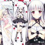  absolute_duo bed_sheet black_ribbon breasts cleavage closed_eyes collarbone dakimakura dress_shirt eyebrows_visible_through_hair from_above hair_ribbon long_hair looking_at_viewer lying multiple_views on_side purple_eyes ribbon shirt silver_hair sleeping small_breasts verjuice white_shirt yurie_sigtuna 