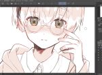  1boy art_program_in_frame blush clip_studio_paint_(medium) collared_shirt commentary_request daifuku_mame_(kageroudt33) glasses green_eyes hair_between_eyes highres jacket limited_palette looking_at_viewer male_focus original shirt short_hair solo translation_request 