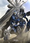  absurdres artist_name blue_eyes brown_cloak cloak clown_mask copyright_name desert dust glowing gun gundam gundam_prometheus gundam_wing gundam_wing_frozen_teardrop highres holding holding_gun holding_weapon kadej mask mecha missile_pod no_humans robot science_fiction smoke solo v-fin weapon 