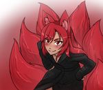  animal_ears blush check_artist dark_skin eyebrows_visible_through_hair fox_ears fox_tail gradient gradient_background hands_on_hips highres leaning_forward less long_hair multiple_tails original raised_eyebrows red_eyes red_hair robe sash smile solo tail 