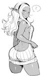  :&lt; ? ass backless_dress backless_outfit bare_back butt_crack cropped_legs dark_elf dark_skin dress elf elf-san_wa_yaserarenai. greyscale hairband halterneck highres kuroeda-san long_hair looking_at_viewer meme_attire mole mole_under_eye monochrome naked_sweater no_bra pointy_ears ribbed_sweater simple_background solo spoken_question_mark sweater sweater_dress synecdoche thighs turtleneck turtleneck_sweater virgin_killer_sweater white_background 