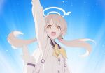  1girl arm_up blonde_hair blue_archive blue_sky day halo hifumi_(blue_archive) highres non-web_source official_art open_mouth peroro_(blue_archive) school_uniform sky solo spoilers twintails upper_body yellow_eyes yellow_halo 
