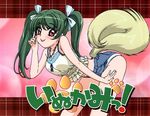  1girl dog_tail green_hair inukami! looking_at_viewer red_eyes shorts solo tail tongue tongue_out youko_(inukami) 