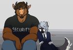  anthro beard bovine cattle clothed clothing duo facial_hair fur hair horn hyena male mammal muscular redpixie sitting smile 