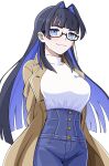  1girl absurdres arms_behind_back black_hair blue_eyes blue_hair blue_pants brown_coat closed_mouth coat colored_inner_hair denim glasses high-waist_pants highres hololive hololive_english jeans leo.comics long_hair multicolored_hair official_alternate_costume official_alternate_hairstyle ouro_kronii ouro_kronii_(casual) pants simple_background solo sweater sweater_tucked_in trench_coat turtleneck turtleneck_sweater virtual_youtuber white_background white_sweater 