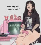  1girl absurdres black_choker black_hair black_lips choker fishnet_sleeves fishnets game_console highres looking_at_viewer original playstation_2 silent_hill_(series) solo thick_thighs thighs yoracrab 