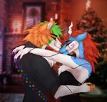  anthro canine christmas christmas_lights christmas_tree clothed clothing duo female fur hair holidays horn hug male male/female mammal scalie smile standing tree wildkicheko 