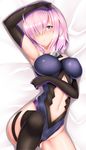  3: arm_over_head bangs bed_sheet black_gloves black_legwear blue_leotard blush breasts cameltoe commentary_request elbow_gloves eyebrows_visible_through_hair fate/grand_order fate_(series) gloves hair_over_one_eye highres impossible_clothes knee_up large_breasts leotard looking_at_viewer lying mash_kyrielight navel navel_cutout on_back on_bed over-kneehighs pink_hair purple_eyes solo thigh_strap thighhighs zukky 