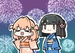  0_0 2girls :d =_= absurdres aerial_fireworks animal_print black_hair blue_kimono blunt_bangs blunt_ends bob_cut cerise_bouquet chibi chibi_only closed_eyes fireworks flower flower_knot hair_flower hair_ornament highres hinoshita_kaho hinoshita_kaho_(hokkoku_hanabi) japanese_clothes kimono link!_like!_love_live! long_sleeves love_live! medium_hair momose_ginko momose_ginko_(hokkoku_hanabi) multiple_girls night night_sky obi obiage obijime official_alternate_costume oofushi_ao open_mouth orange_hair orange_kimono orange_sash outline pink_flower print_kimono rabbit_hair_ornament rabbit_print sash short_hair signature sky smile two_side_up virtual_youtuber wavy_mouth white_outline white_sash yukata 
