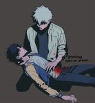  2boys black_hair black_pants black_shirt black_undershirt blood blood_on_clothes blood_on_face blood_splatter blue_jacket cheng_xiaoshi collared_shirt grey_background hair_over_eyes hand_on_another&#039;s_neck hand_on_another&#039;s_stomach injury jacket kneeling long_sleeves lu_guang lying lying_on_lap male_focus multicolored_jacket multiple_boys on_back open_clothes open_jacket pants parted_lips shiguang_dailiren shirt short_hair simple_background srofsog twitter_username undershirt white_hair white_shirt yaoi yellow_jacket 