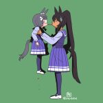  animal_ears black_hair braid commentary_request crown_braid food full_body glasses green_background grey_hair height_difference high_ponytail horse_ears horse_girl horse_tail lifting_person long_sleeves looking_at_another onikobe_rin opaque_glasses pleated_skirt pocky pocky_kiss ponytail profile purple_shirt purple_skirt purple_thighhighs school_uniform shirt simple_background skirt symboli_kris_s_(umamusume) tail thighhighs tracen_school_uniform umamusume winter_uniform zenno_rob_roy_(umamusume) 
