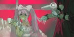  1boy 1girl alternate_costume bare_shoulders blue_skin bow captain_spaceboy coajvejdgi1508 colored_skin dark-skinned_female dark_skin dress hair_bow hair_dryer highres holding holding_hair_dryer long_hair long_sleeves looking_at_another omori open_mouth pink_eyes pink_hair smile sweetheart_(omori) twintails white_bow white_dress 