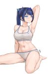  1girl absurdres arm_up armpits black_hair blue_eyes blue_hair breasts cleavage closed_mouth colored_inner_hair diptip grey_panties grey_sports_bra highres hololive hololive_english large_breasts multicolored_hair navel ouro_kronii panties ponytail simple_background solo sports_bra underwear virtual_youtuber white_background 