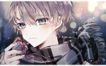  1boy :| blue_eyes blurry blush bokeh closed_mouth commentary daifuku_mame_(kageroudt33) dated depth_of_field gift grey_hair grey_scarf hair_between_eyes highres holding holding_gift looking_at_viewer male_focus merry_christmas original plaid_clothes plaid_scarf scarf short_hair signature snow solo symbol-only_commentary twitter_username 