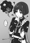  ... 1boy ? animalization armor blunt_ends bodysuit cat closed_mouth eyeliner eyeshadow furisode genshin_impact grey_background greyscale hand_on_own_chin hand_on_own_elbow hand_up highres japanese_armor japanese_clothes jewelry juban kimono kote layered_sleeves looking_to_the_side makeup male_focus mitsudomoe_(shape) monochrome natuo_e neck_ring o-ring open_clothes open_kimono person_and_animalization planet planetary_ring red_eyeliner red_eyeshadow rope sash scaramouche_(cat)_(genshin_impact) scaramouche_(genshin_impact) shimenawa short_sleeves split_mouth spoken_character spoken_ellipsis spot_color tassel tomoe_(symbol) tsurime twitter_username wispy_bangs 