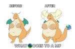 angry anthro areola before_and_after big_areola big_breasts breasts dragon dragonite female generation_1_pokemon generation_9_pokemon hi_res horn mega_dragonite mega_evolution meme mythological_creature mythological_scalie mythology nintendo nipples nude orange_body overweight overweight_female oxkingky pokemon pokemon_(species) scalie simple_background smile solo tail tan_areola tan_nipples text weight_gain white_background wings