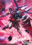  aile_strike_rouge beam_rifle commentary_request company_name copyright_name copyright_notice debris energy_gun explosion eye_trail flying glowing glowing_eye green_eyes gun gundam gundam_seed holding holding_gun holding_weapon light_trail mecha mecha_focus mechanical_wings mobile_suit motion_blur no_humans official_art robot science_fiction shield solo strike_rouge sunrise_(company) tani_(tanidesuyo) v-fin weapon wings 