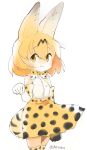  animal_ears bare_shoulders bow bowtie colorized commentary cowboy_shot elbow_gloves gloves hair_between_eyes hand_up high-waist_skirt highres kemono_friends looking_at_viewer medium_hair orange_hair panzuban paw_pose print_gloves print_legwear print_neckwear print_skirt serval_(kemono_friends) serval_ears serval_print serval_tail shirt simple_background sketch skirt sleeveless sleeveless_shirt smile solo tail thighhighs twitter_username white_background white_shirt yellow_eyes 